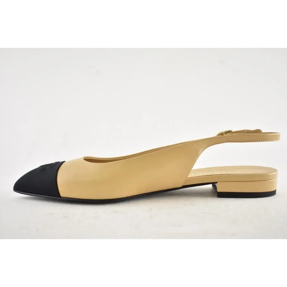 Chanel 24A Beige Leather Black CC Logo Coco Slingback Pointed Ballet Flat 38.5 - Picture 13 of 16